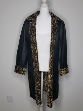 Vintage Newport News Reversible Cheetah Leather Trench Coat Size M Y2K Black